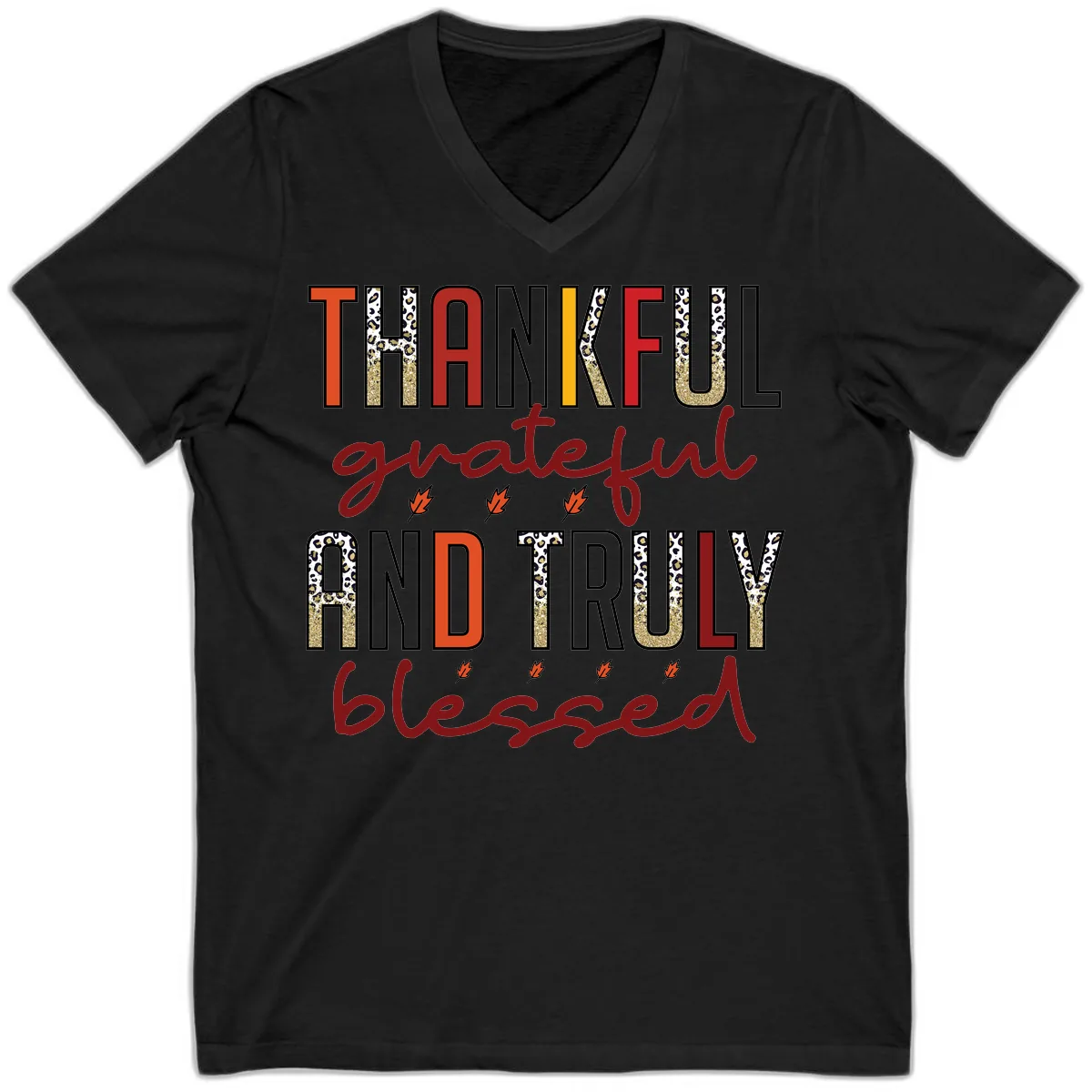Grateful And Truly Blessed Typography V-Neck in Black