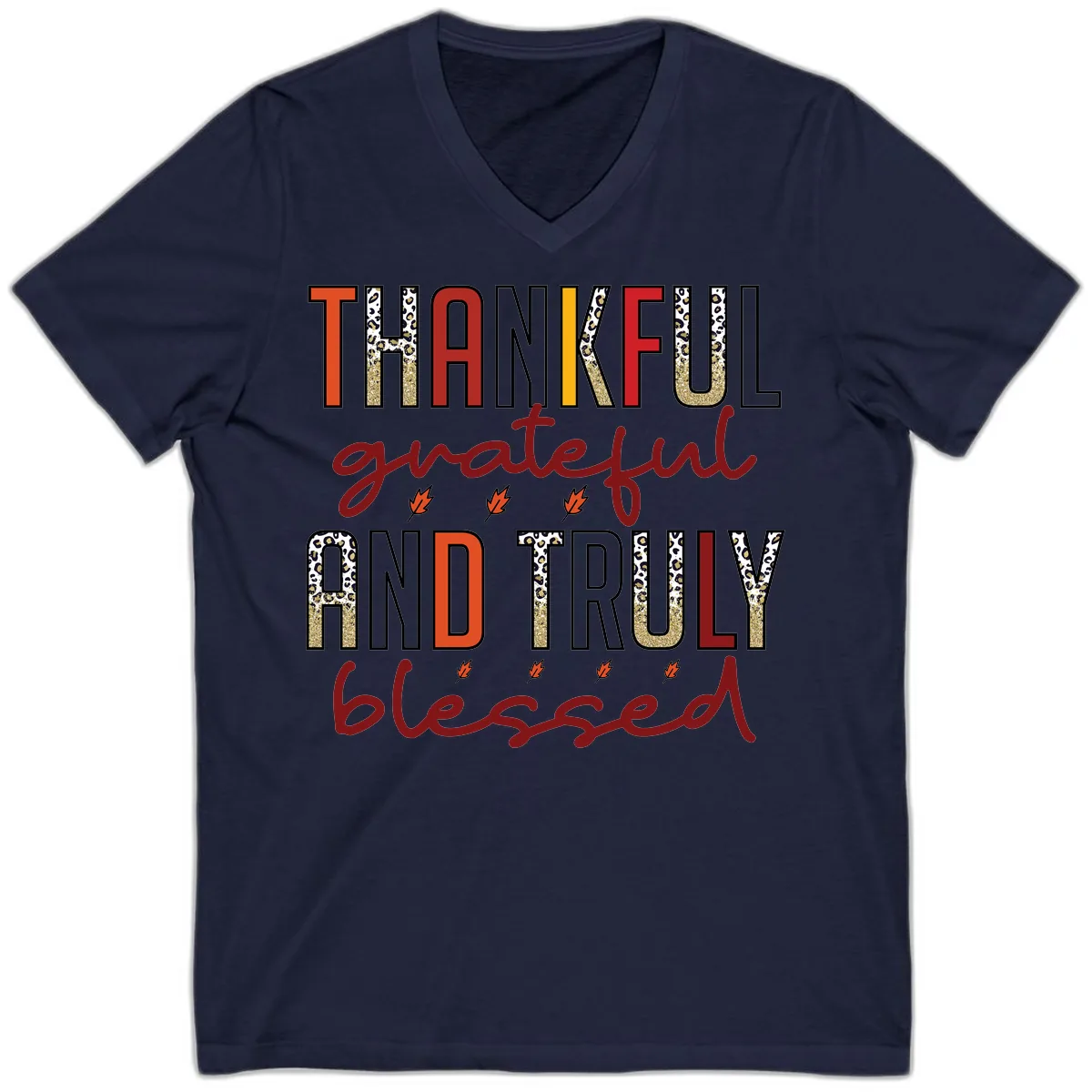 Grateful And Truly Blessed Typography V-Neck in Navy