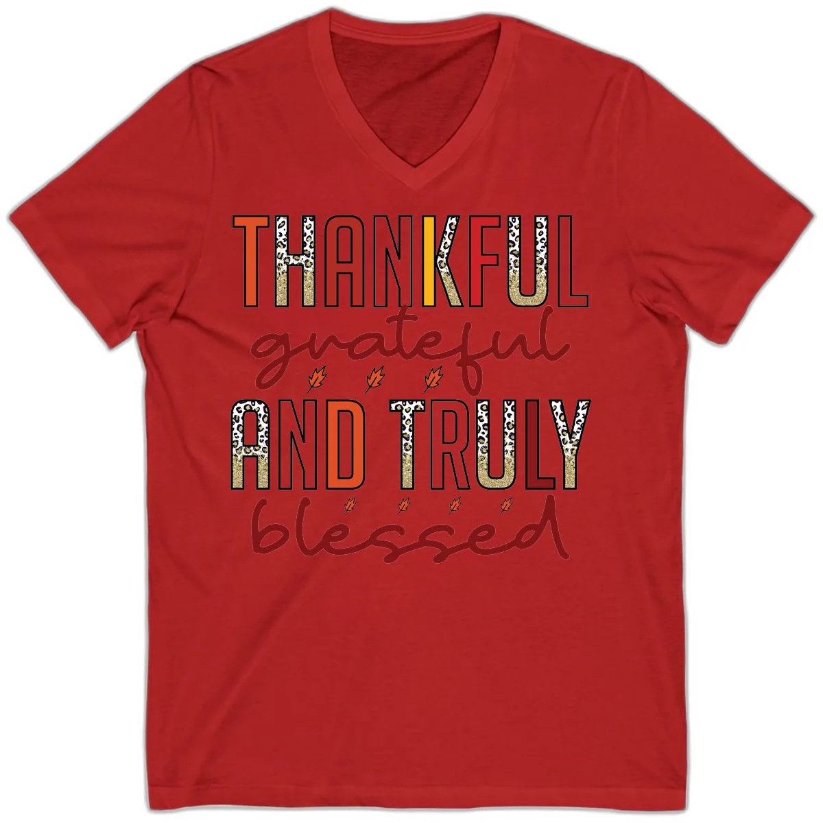 Grateful And Truly Blessed Typography V-Neck in Red