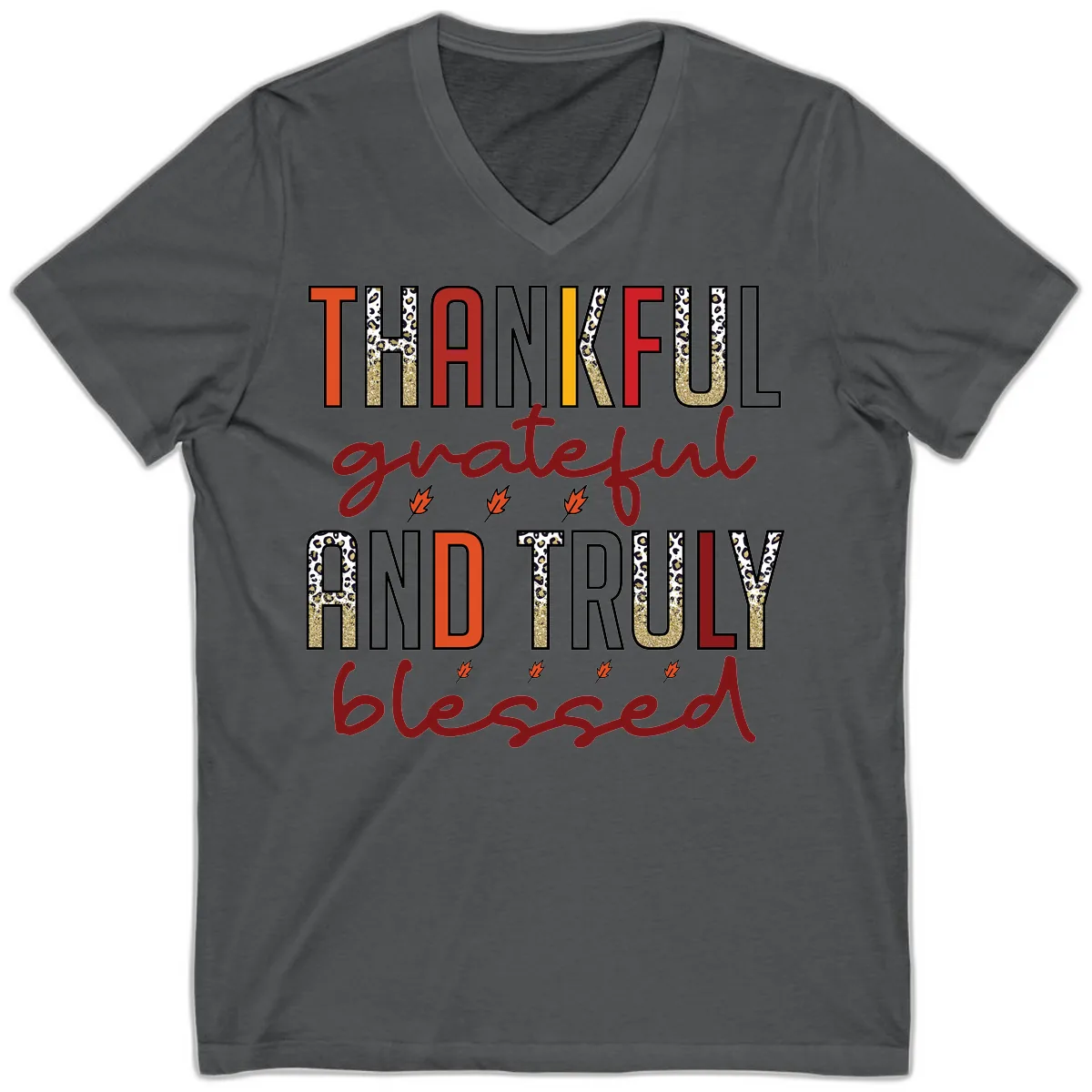 Grateful And Truly Blessed Typography V-Neck in Asphalt