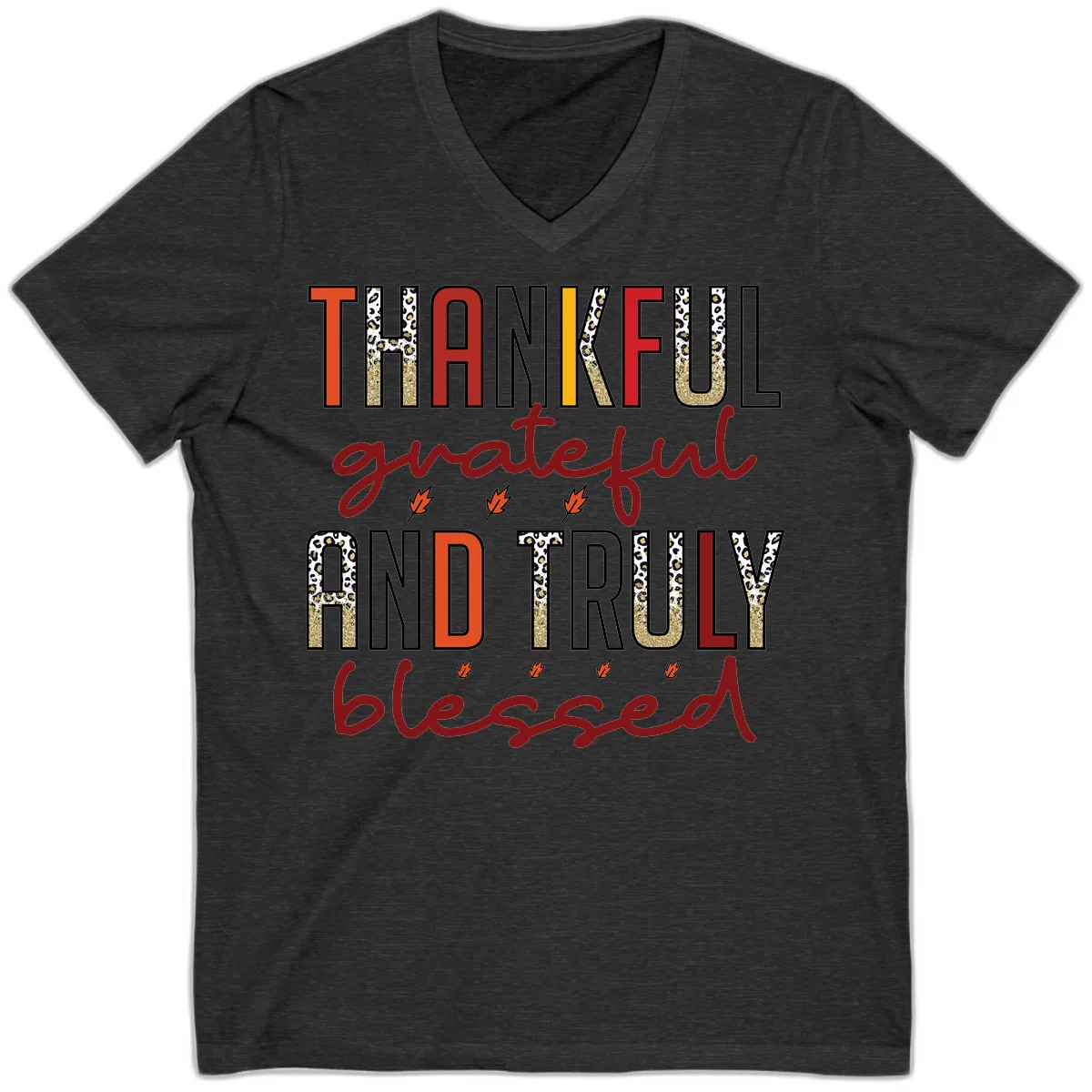 Grateful And Truly Blessed Typography V-Neck in Dark Grey Heather