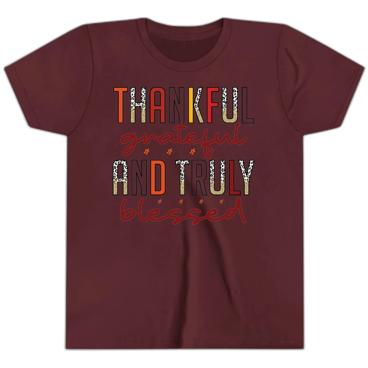 Grateful And Truly Blessed Typography Youth T-Shirt in Maroon