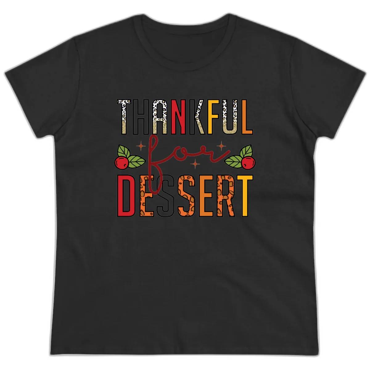 Thankful For Dessert Leopard Print Ladies Tee in Black