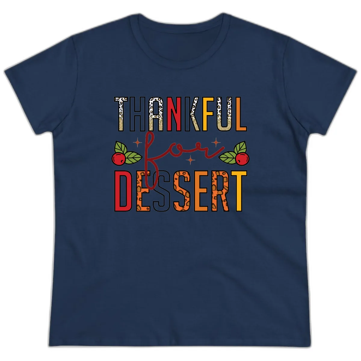 Thankful For Dessert Leopard Print Ladies Tee in Navy