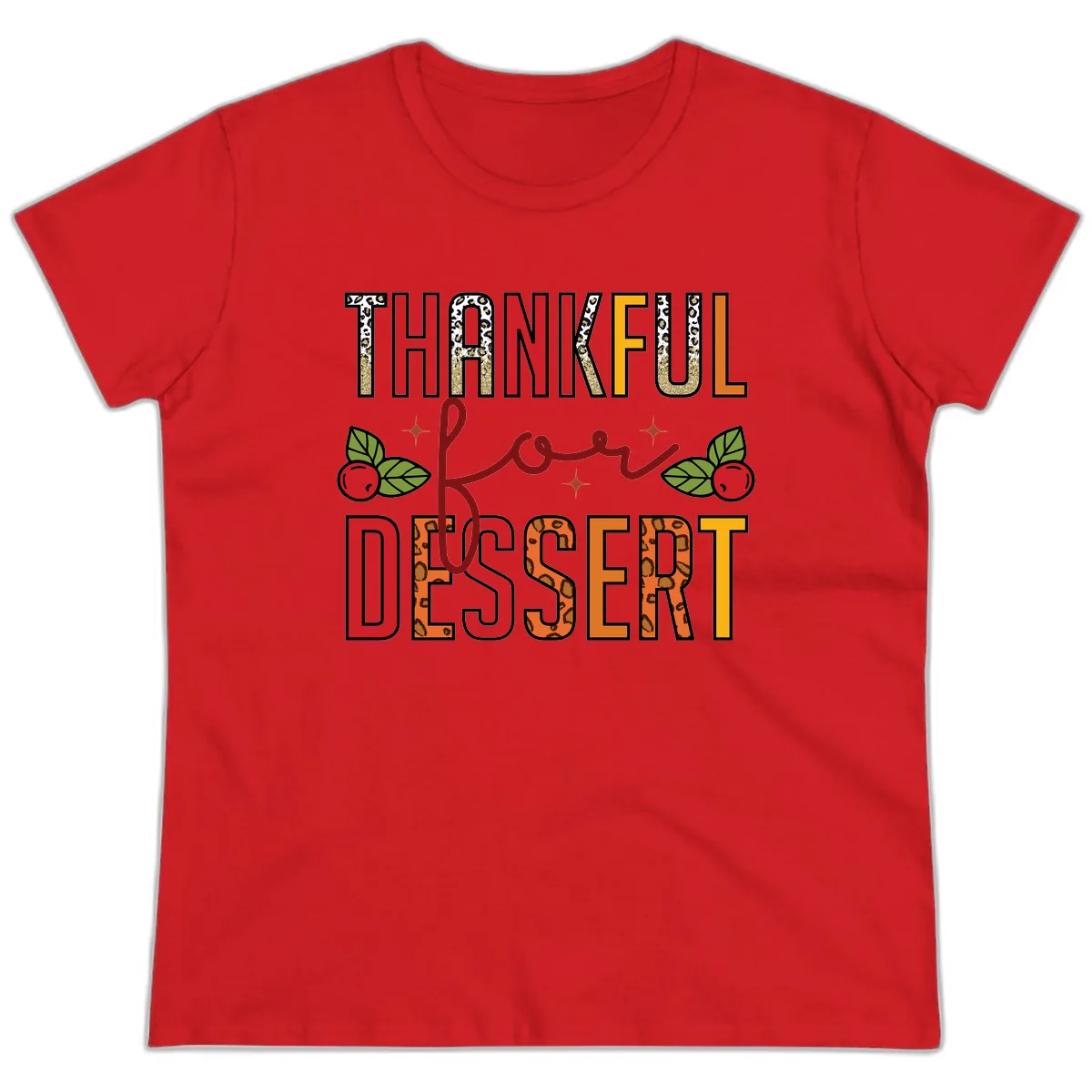 Thankful For Dessert Leopard Print Ladies Tee in Red