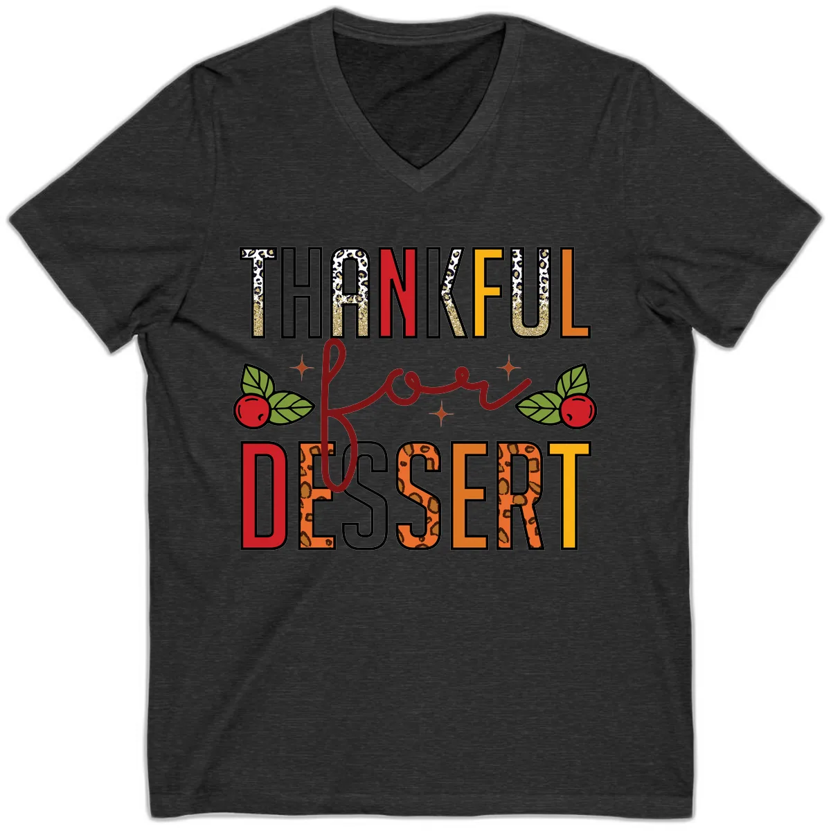 Thankful For Dessert Leopard Print V-Neck in Dark Grey Heather