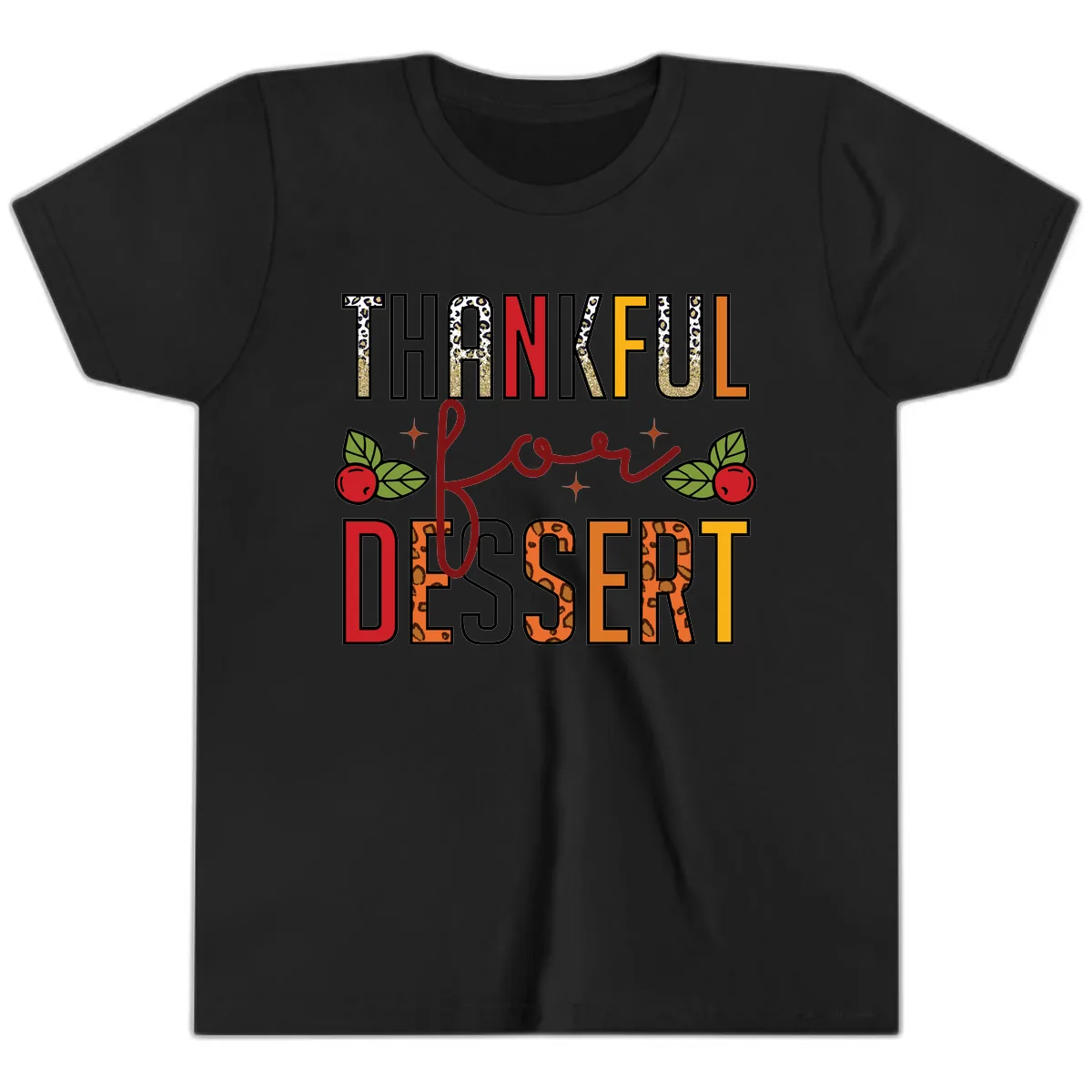 Thankful For Dessert Leopard Print Youth T-Shirt in Black