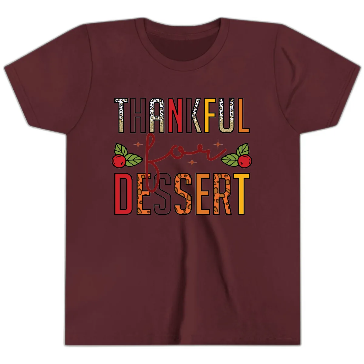 Thankful For Dessert Leopard Print Youth T-Shirt in Maroon