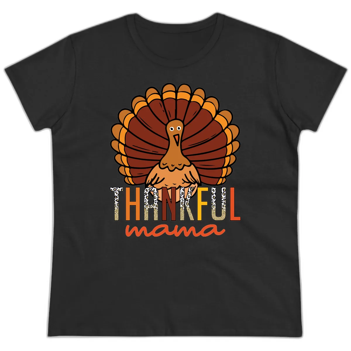 Thankful Mama Turkey Design Ladies Tee in Black