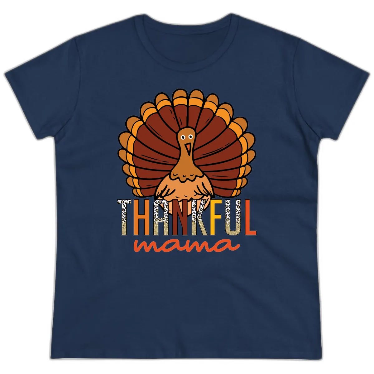 Thankful Mama Turkey Design Ladies Tee in Navy