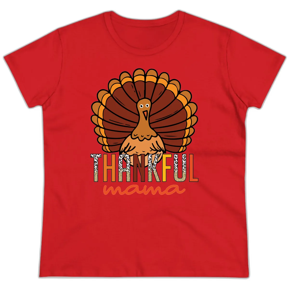 Thankful Mama Turkey Design Ladies Tee in Red
