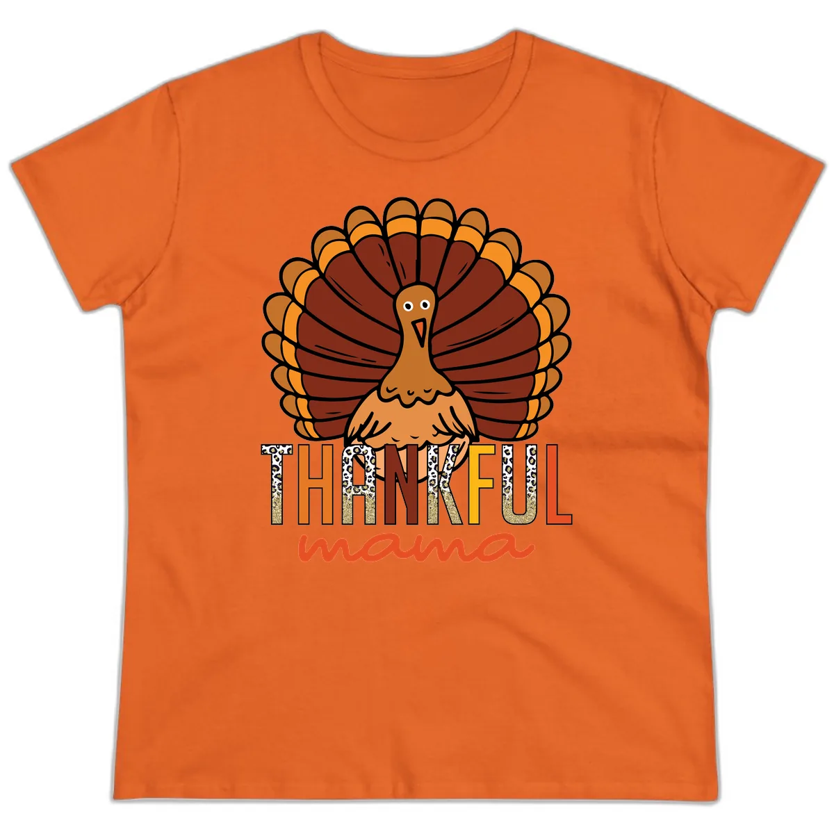 Thankful Mama Turkey Design Ladies Tee in Orange