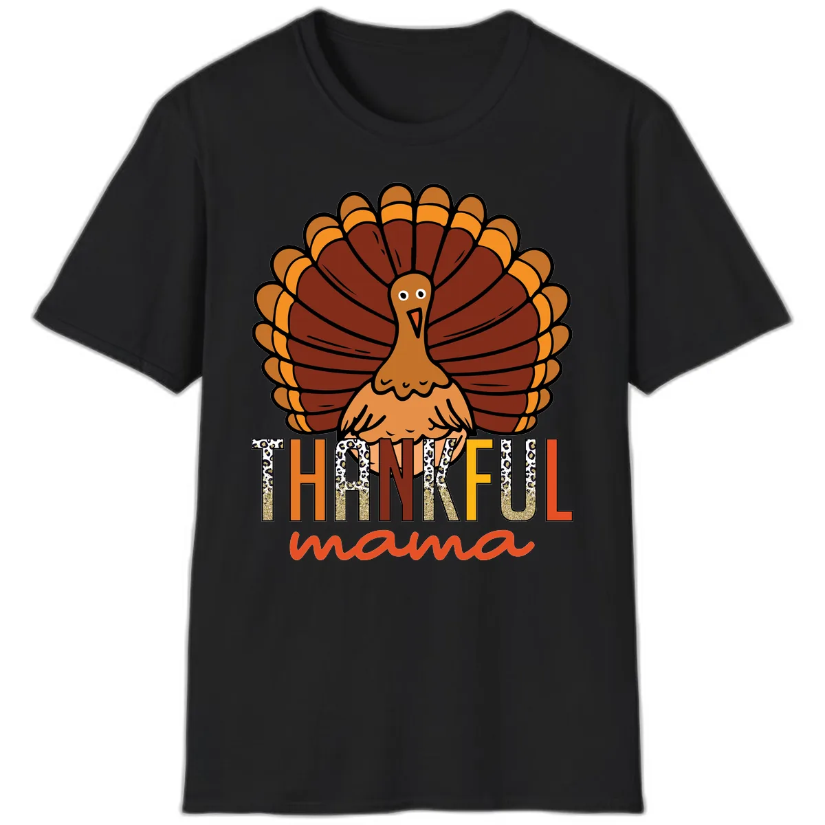 Thankful Mama Turkey Design T-Shirt in Black