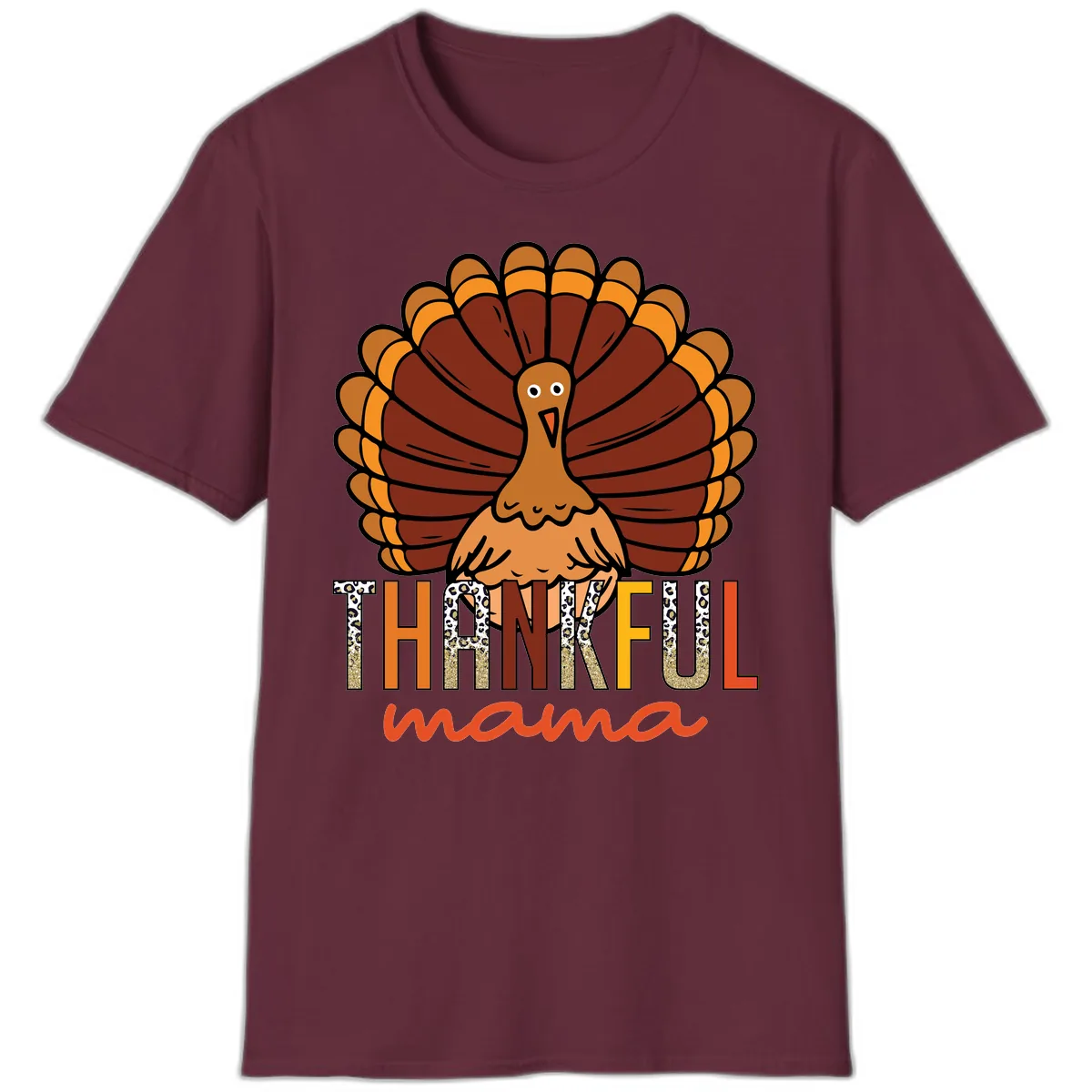 Thankful Mama Turkey Design T-Shirt in Maroon