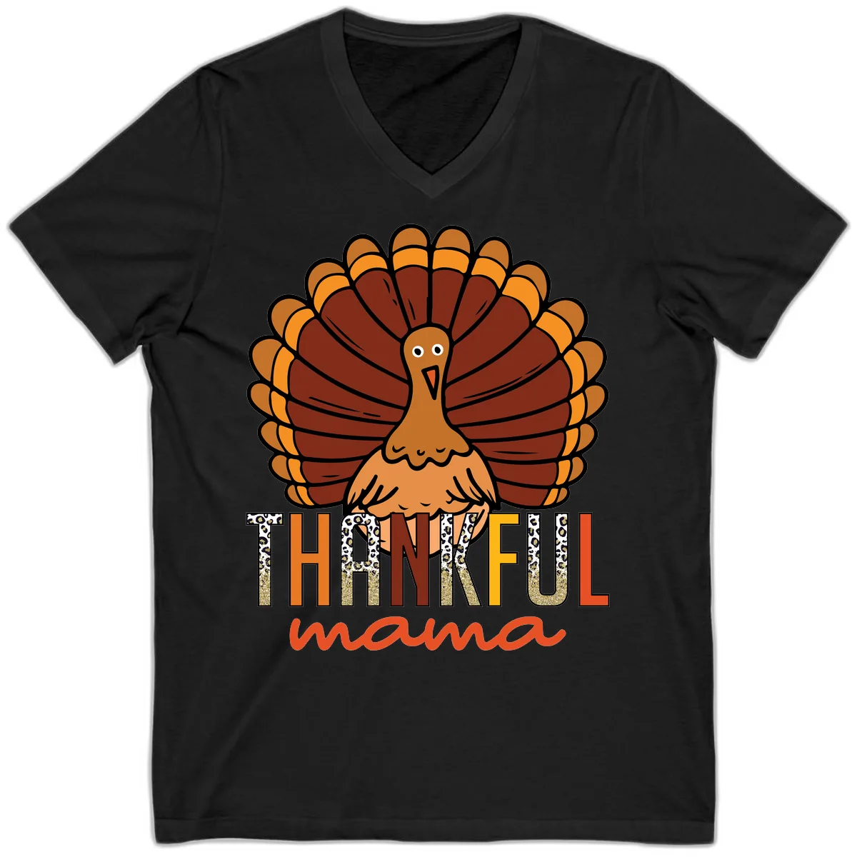 Thankful Mama Turkey Design V-Neck in Black
