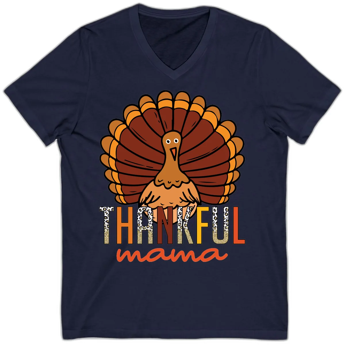 Thankful Mama Turkey Design V-Neck in Navy