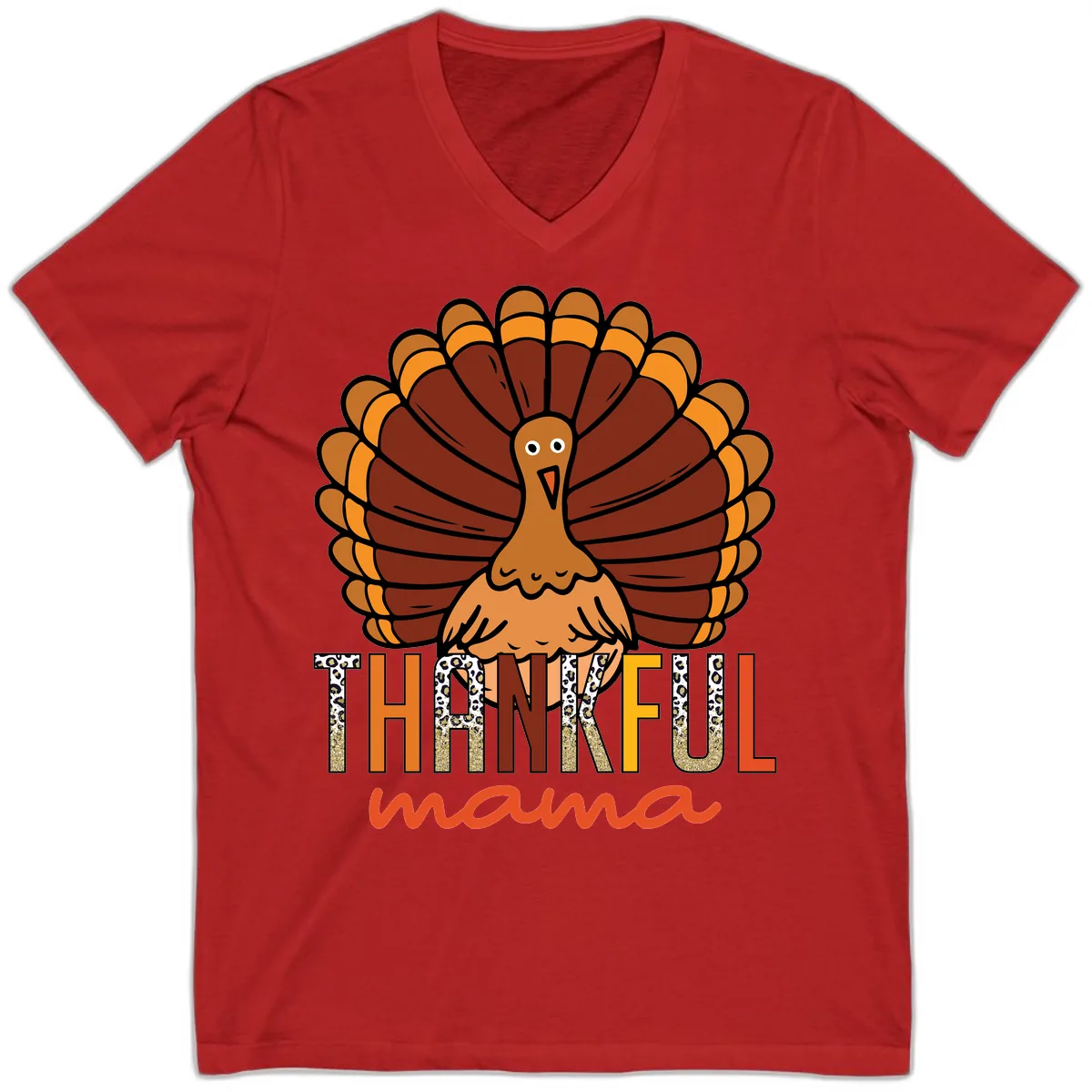 Thankful Mama Turkey Design V-Neck in Red