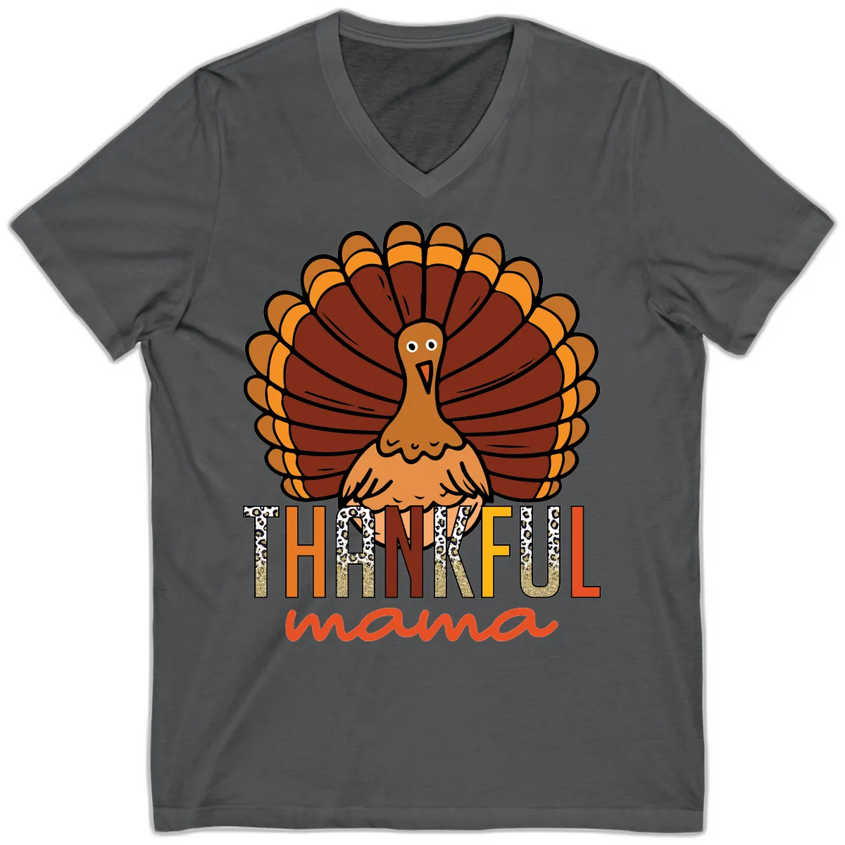 Thankful Mama Turkey Design V-Neck in Asphalt