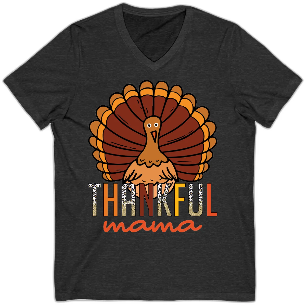 Thankful Mama Turkey Design V-Neck in Dark Grey Heather