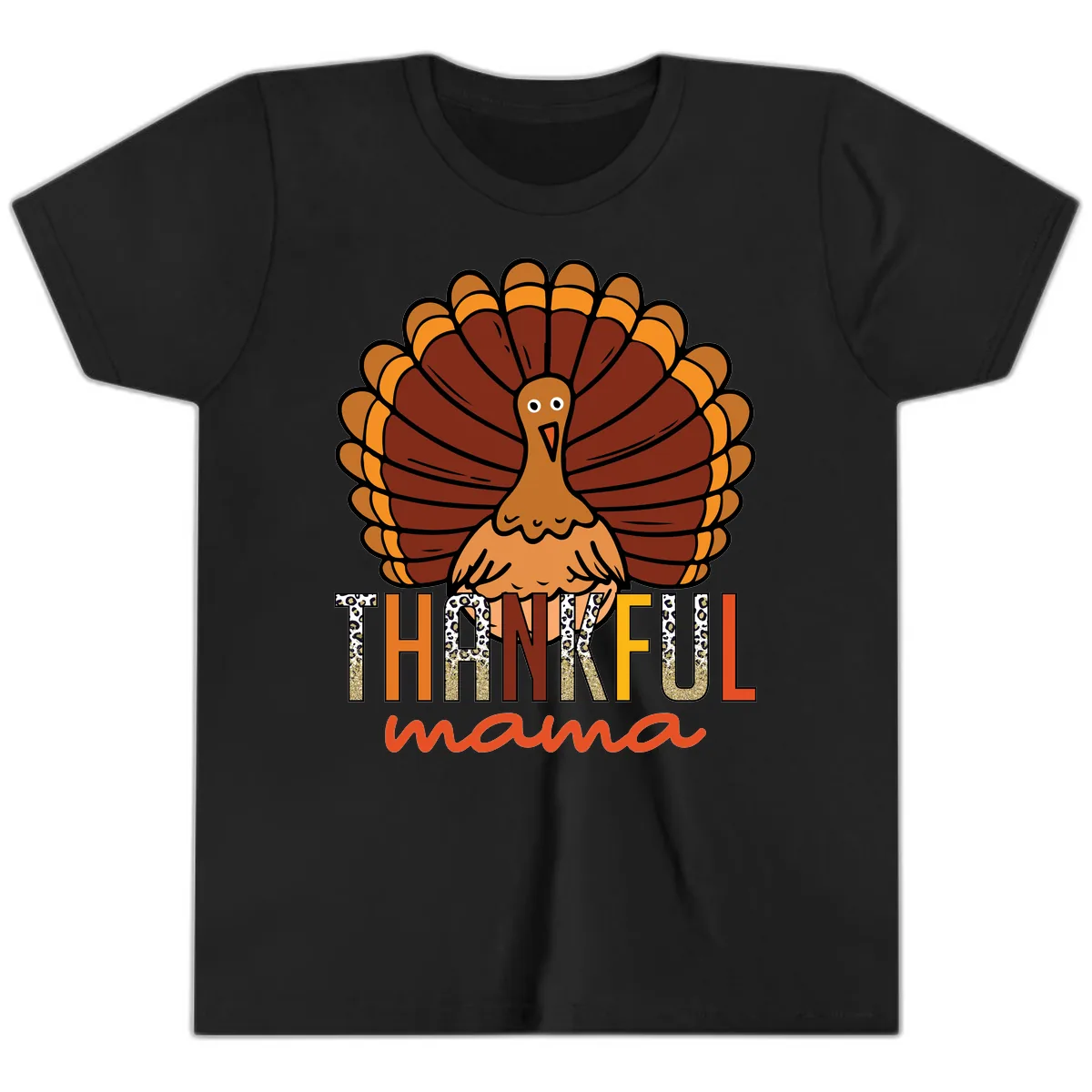 Thankful Mama Turkey Design Youth T-Shirt in Black