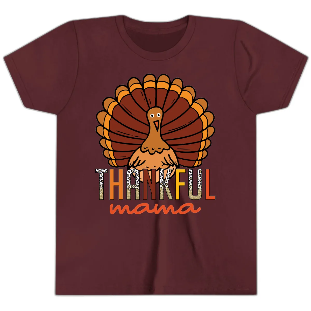 Thankful Mama Turkey Design Youth T-Shirt in Maroon