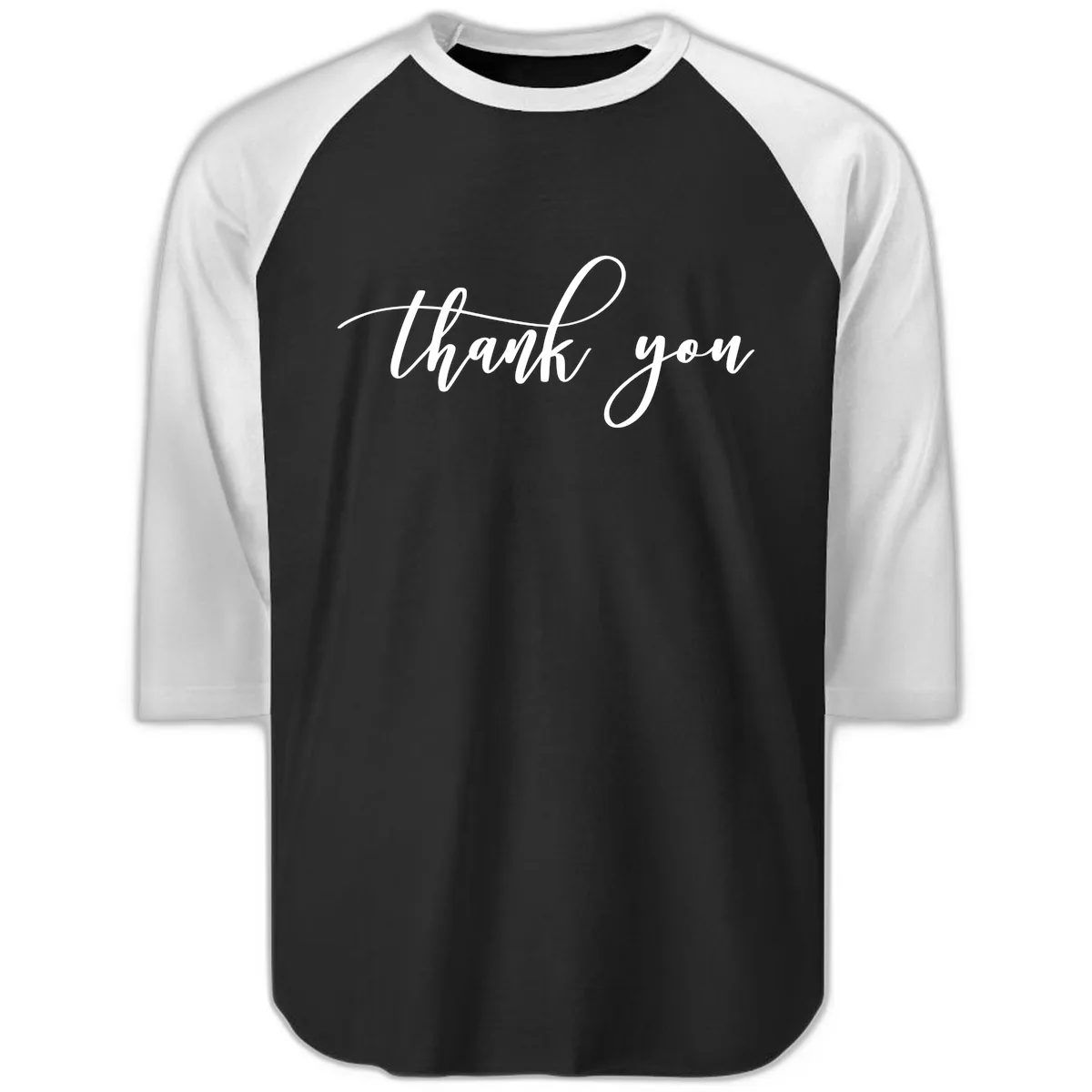 Elegant Handwritten Thank You Script Raglan 3/4 in Black White