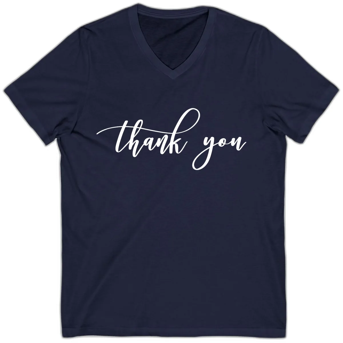 Elegant Handwritten Thank You Script V-Neck in Navy