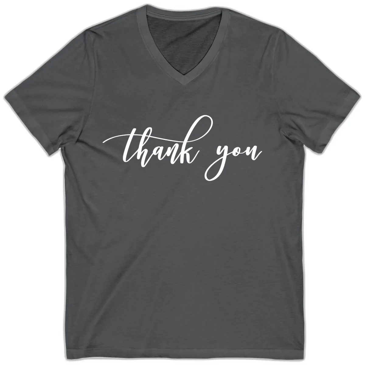 Elegant Handwritten Thank You Script V-Neck in Asphalt