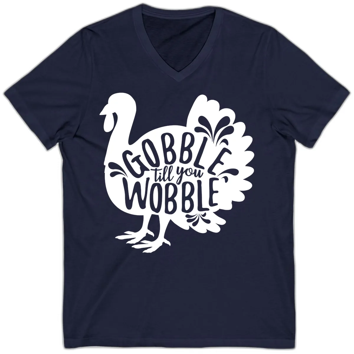 Gobble Till You Wobble Turkey Design V-Neck in Navy