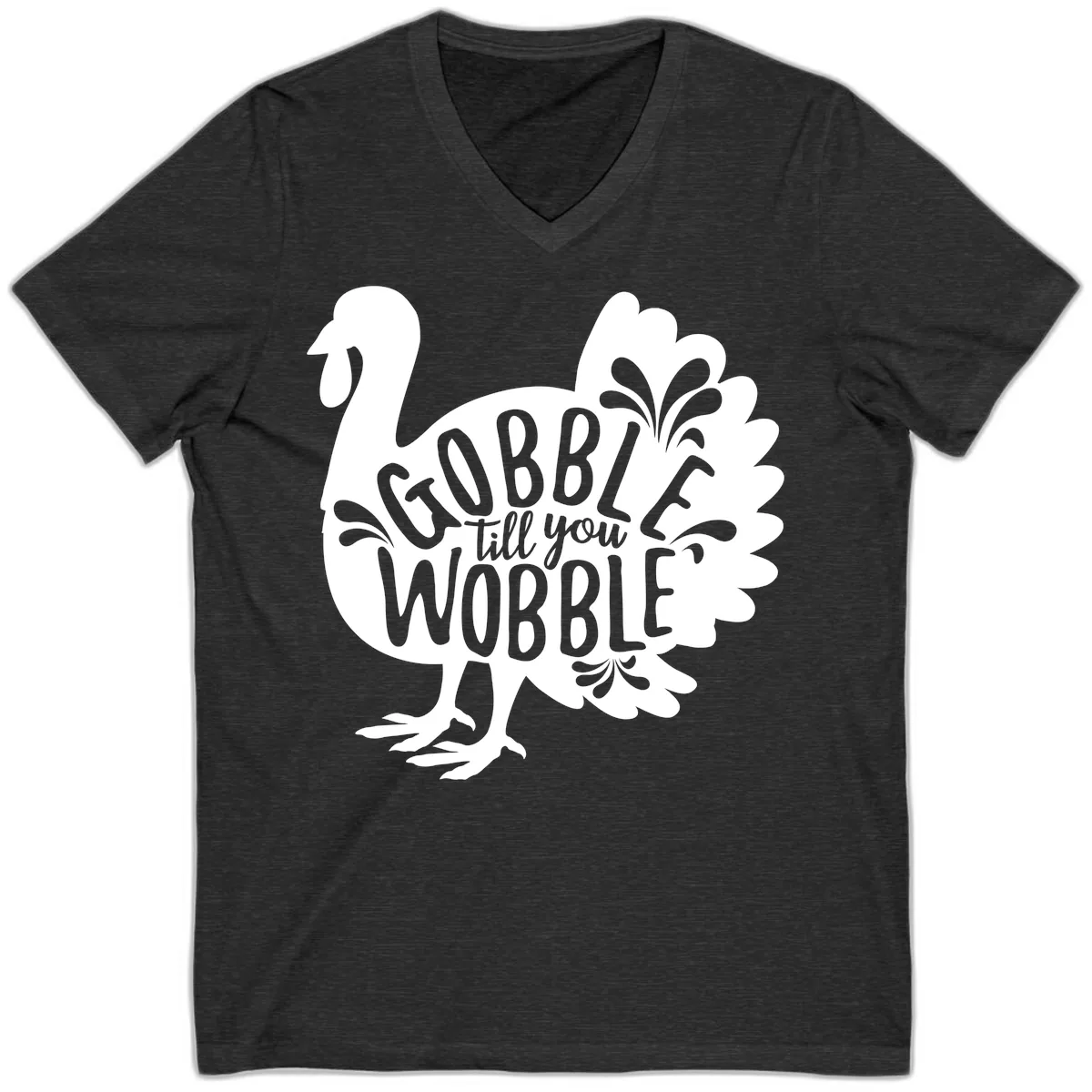 Gobble Till You Wobble Turkey Design V-Neck in Dark Grey Heather