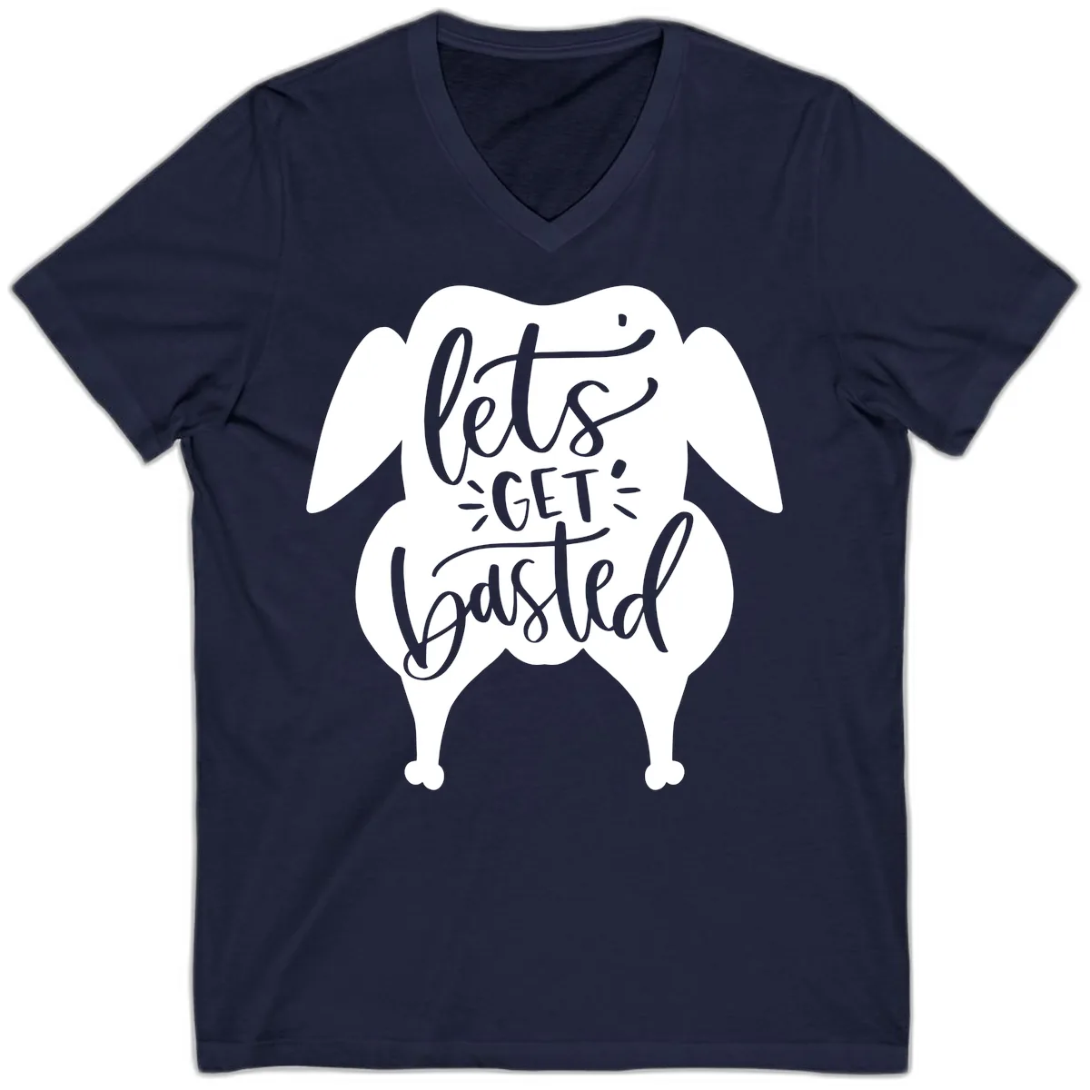 Lets Get Basted Turkey Design V-Neck in Navy