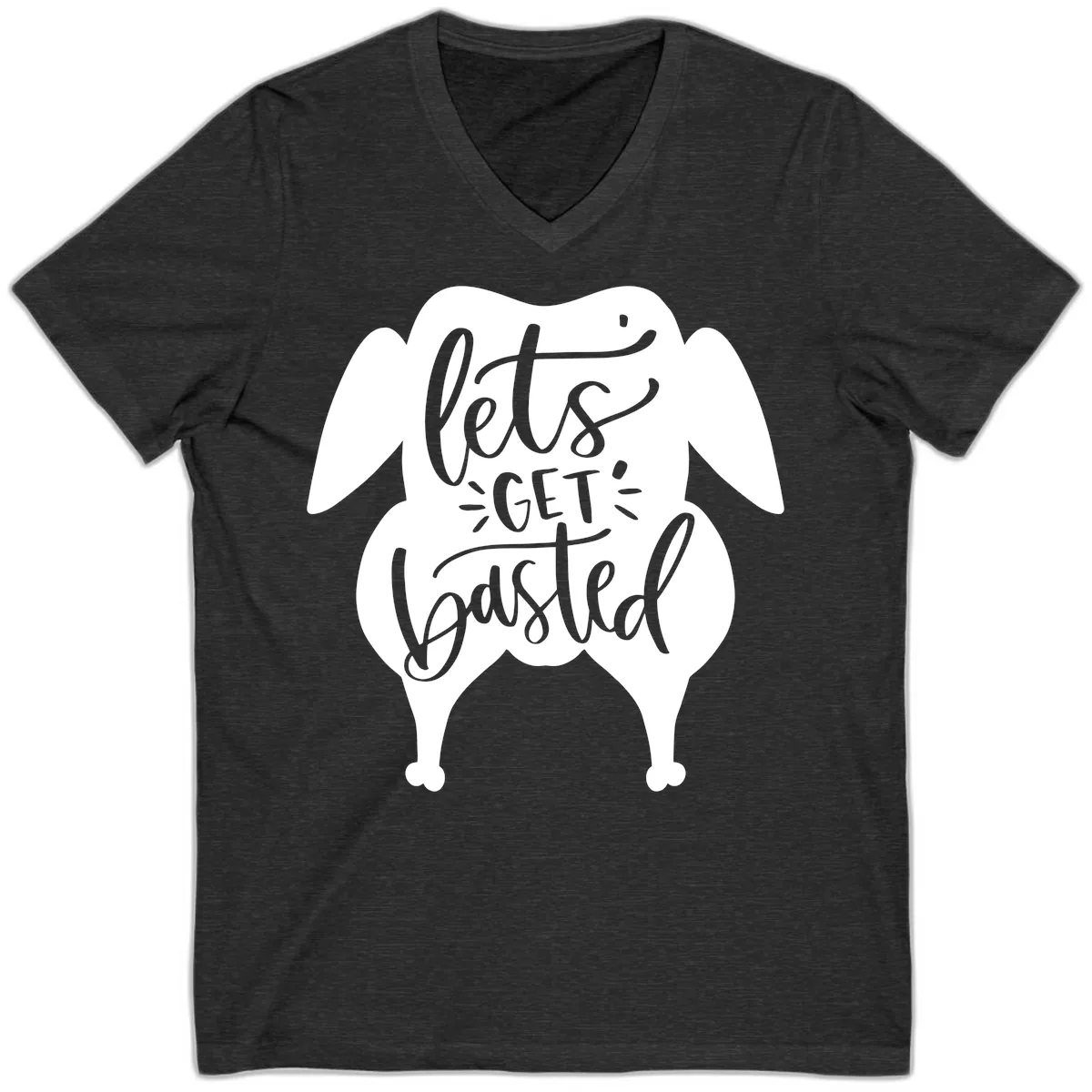 Lets Get Basted Turkey Design V-Neck in Dark Grey Heather
