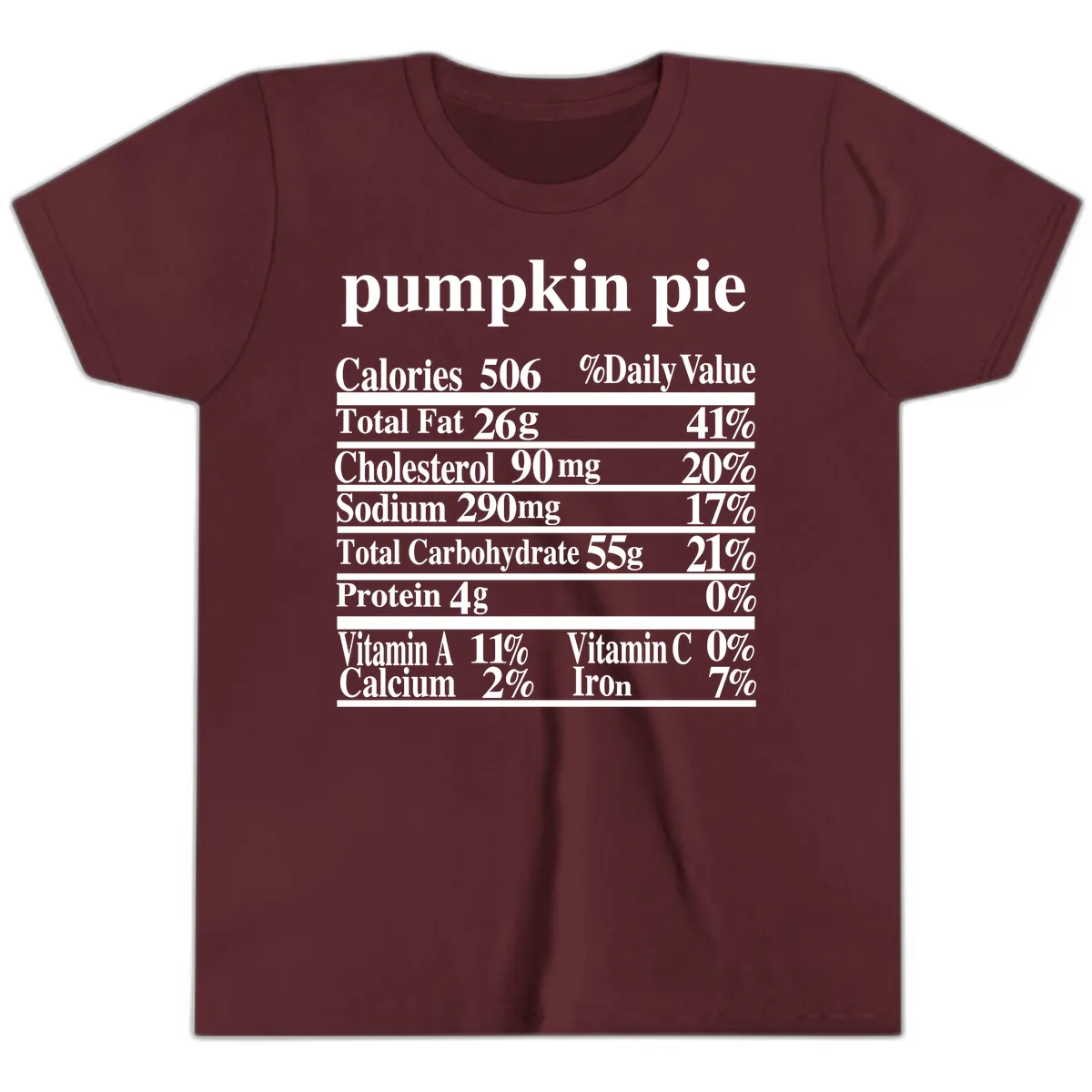 Pumpkin Pie Nutrition Facts Youth T-Shirt in Maroon