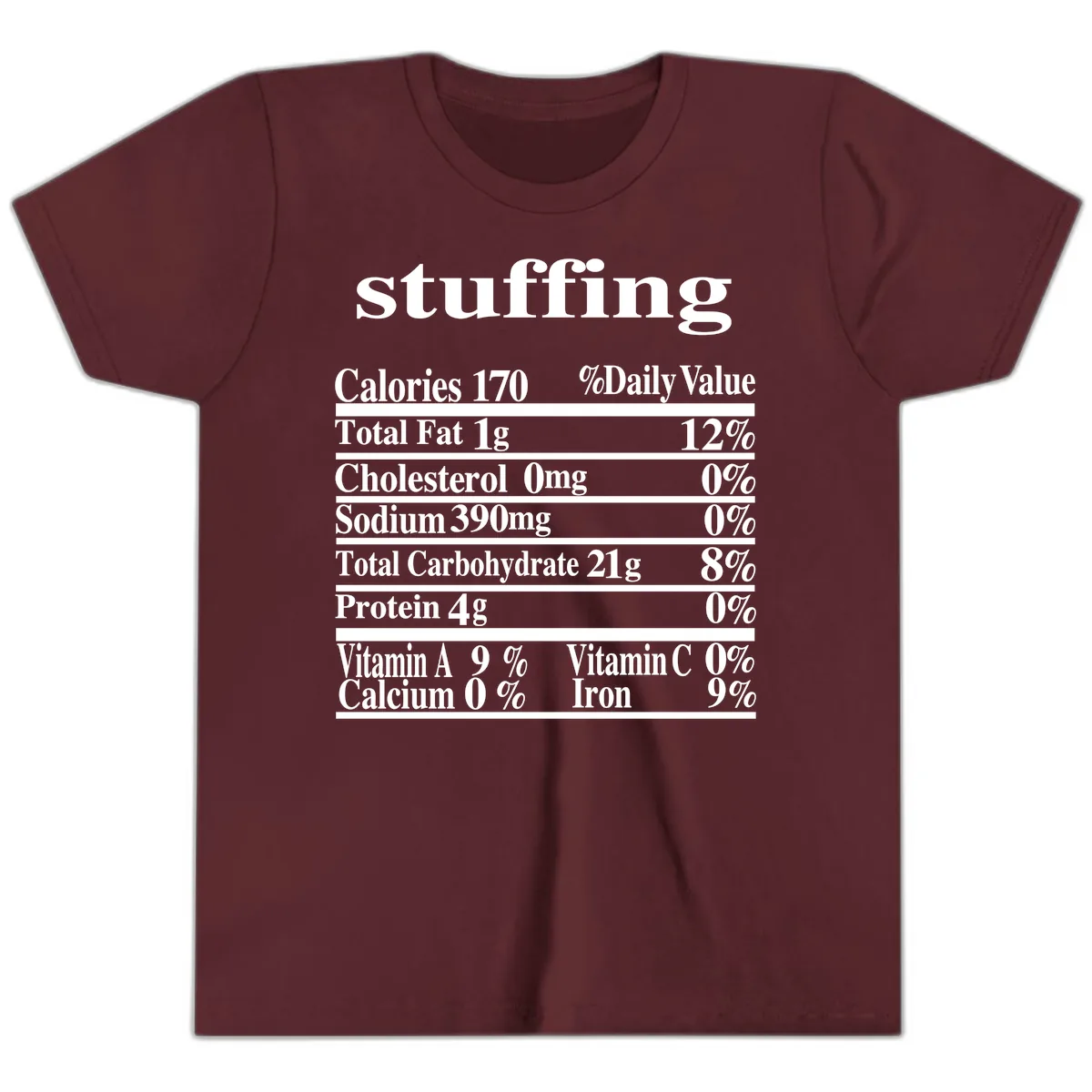 Stuffing Nutrition Facts Youth T-Shirt in Maroon