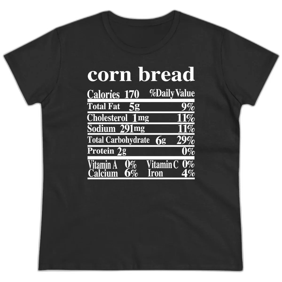 Corn Bread Nutrition Label Ladies Tee in Black