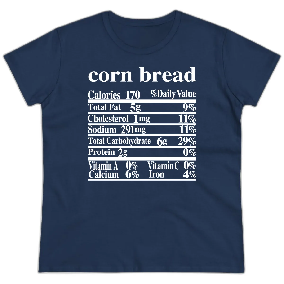 Corn Bread Nutrition Label Ladies Tee in Navy