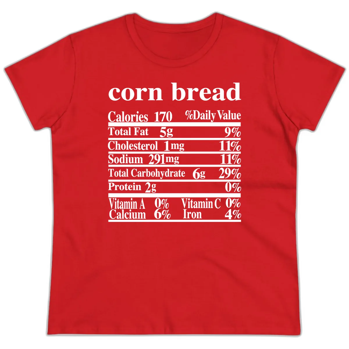 Corn Bread Nutrition Label Ladies Tee in Red