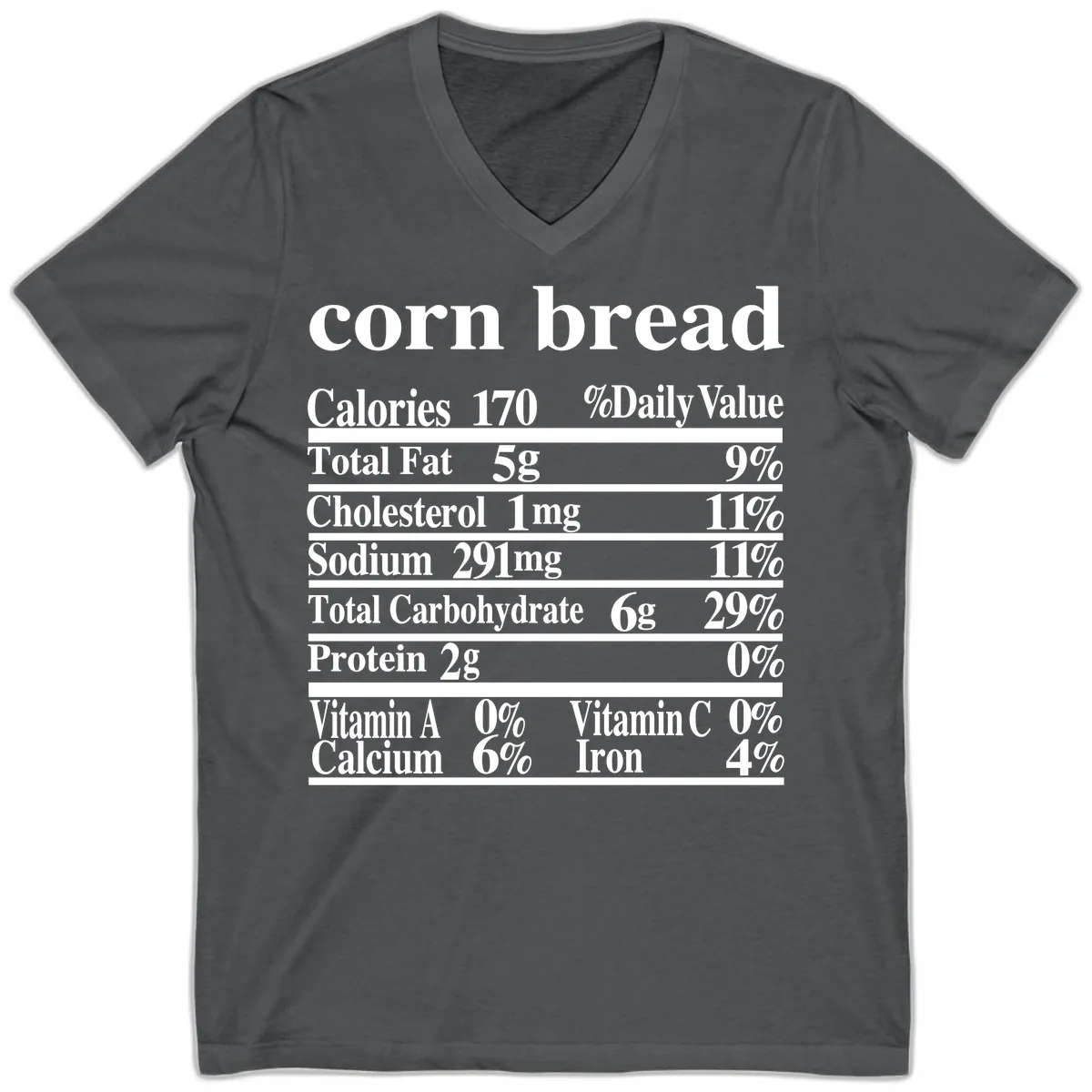 Corn Bread Nutrition Label V-Neck in Asphalt