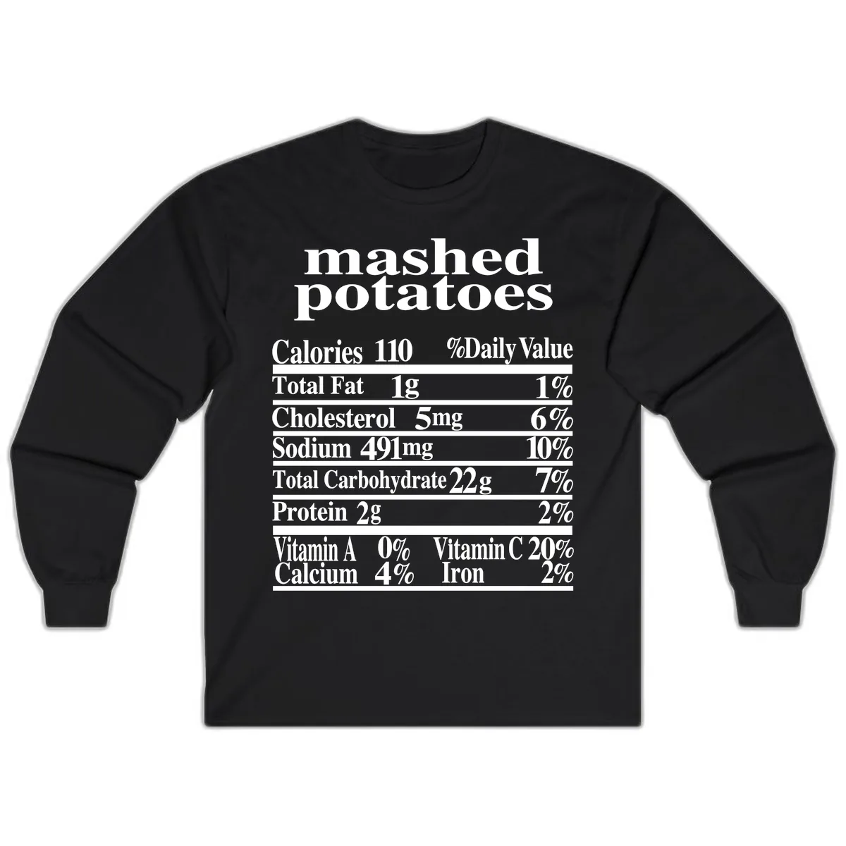 Mashed Potato Nutrition Facts Long Sleeve in Black