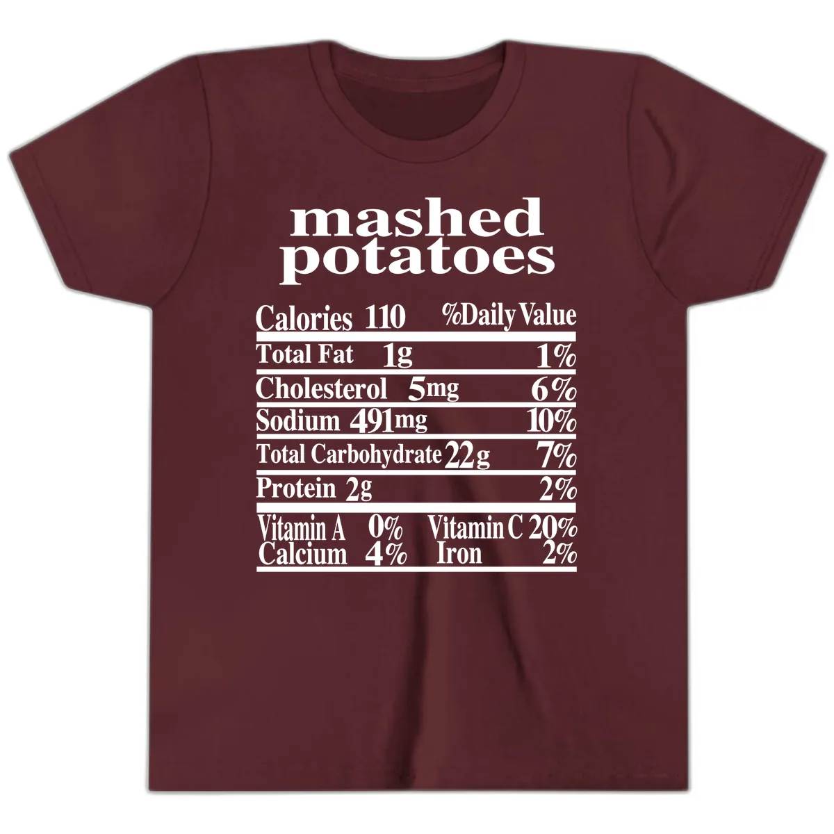 Mashed Potato Nutrition Facts Youth T-Shirt in Maroon