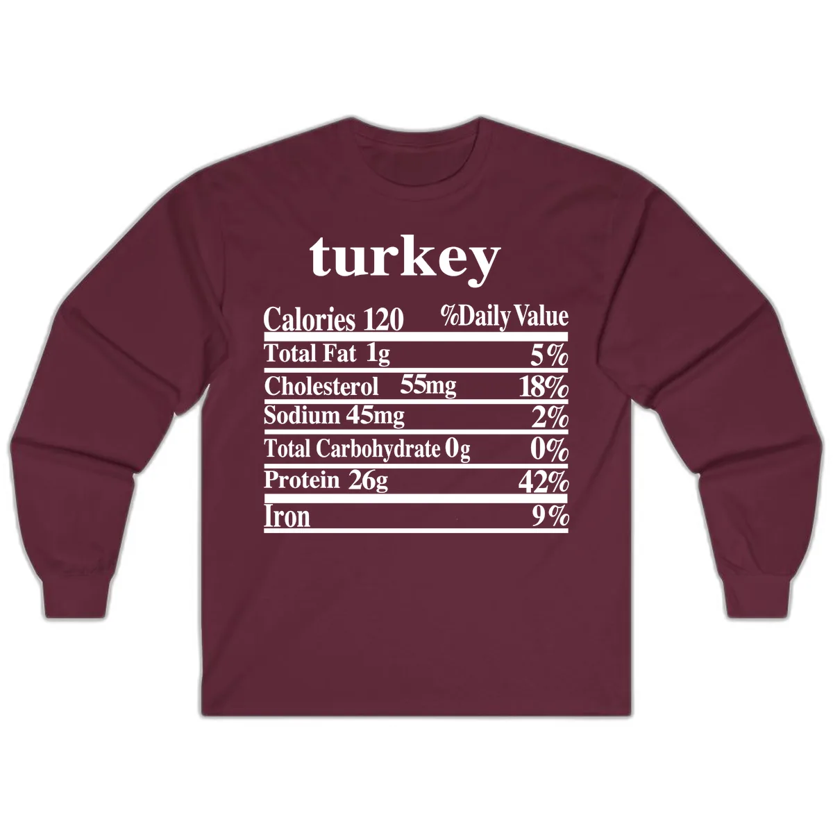 Turkey Nutrition Facts Label Long Sleeve in Maroon