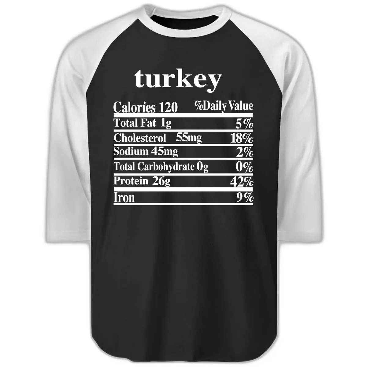 Turkey Nutrition Facts Label Raglan 3/4 in Black White