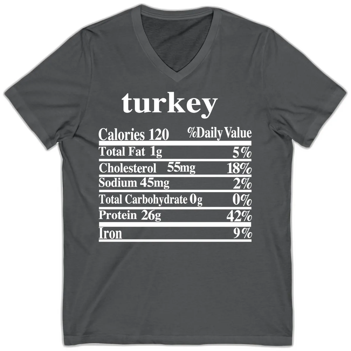 Turkey Nutrition Facts Label V-Neck in Asphalt