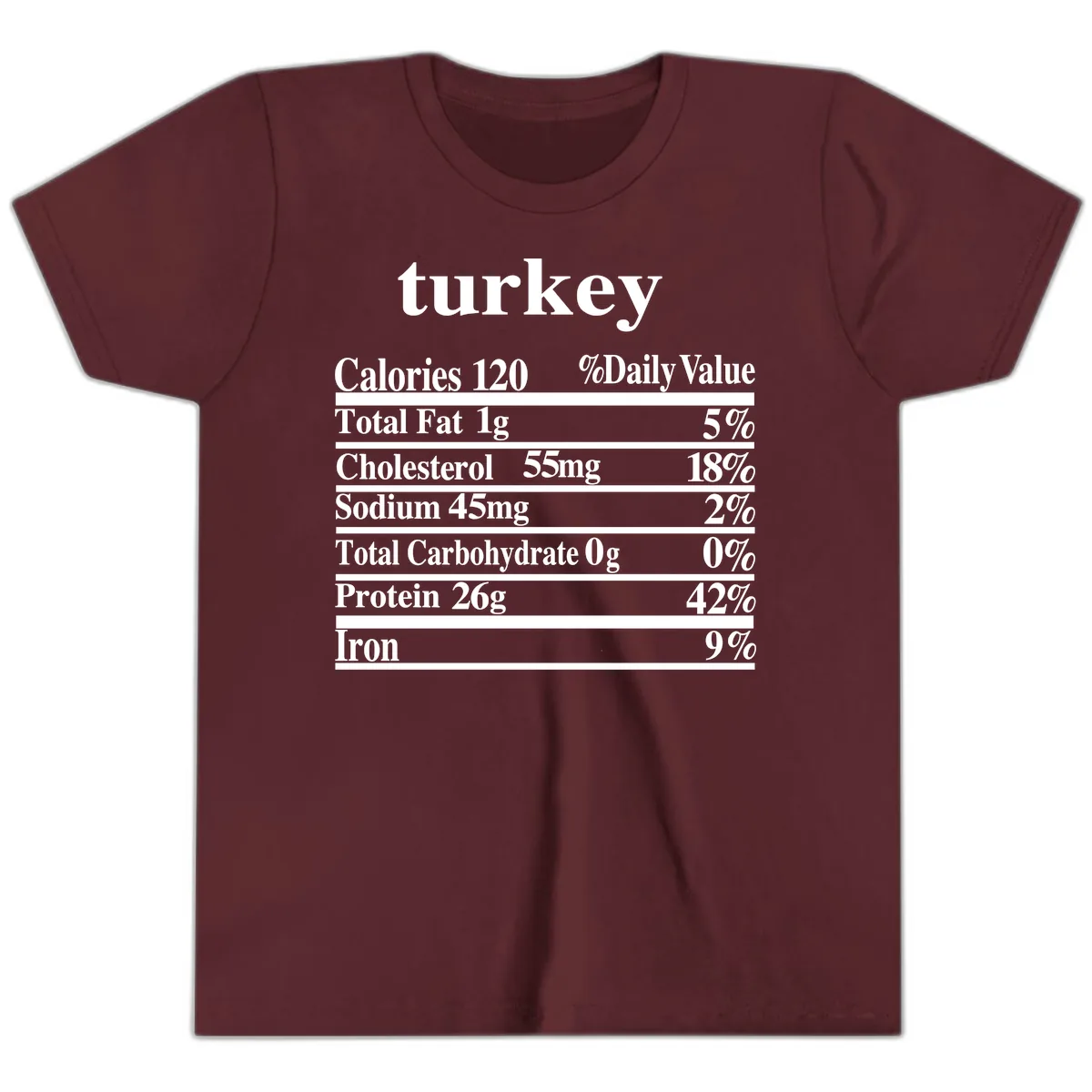 Turkey Nutrition Facts Label Youth T-Shirt in Maroon