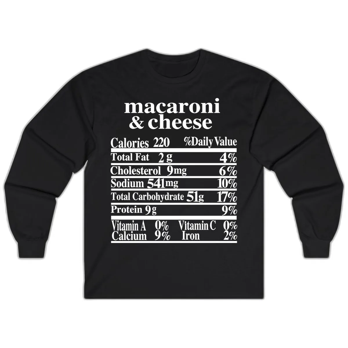 Macaroni And Cheese Nutrition Label Long Sleeve in Black