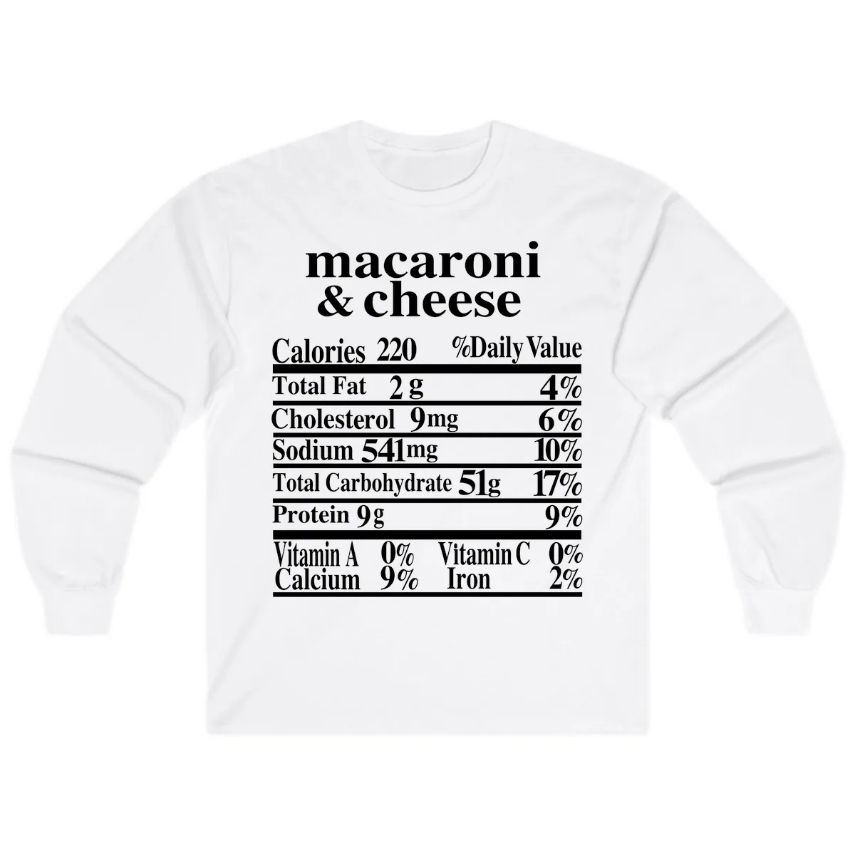 Macaroni And Cheese Nutrition Label Long Sleeve in White