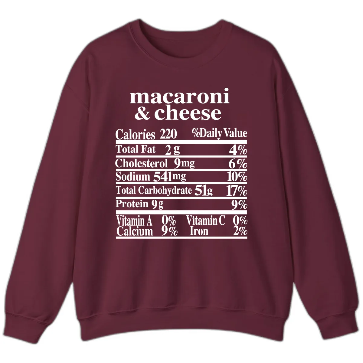 Macaroni And Cheese Nutrition Label Sweatshirt in Maroon