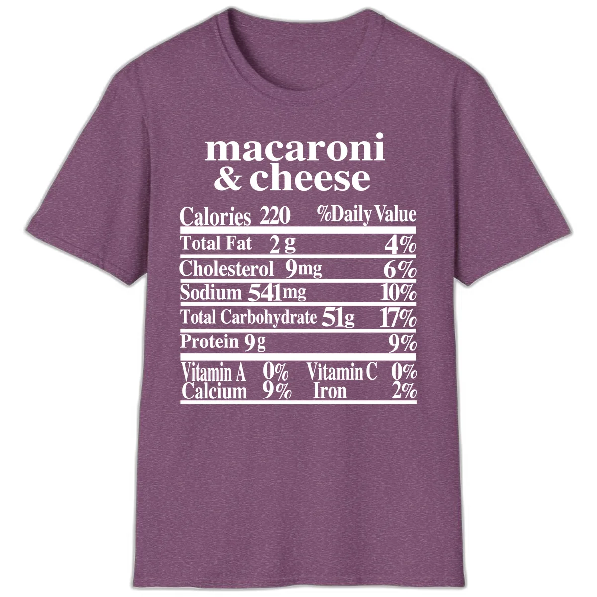 Macaroni And Cheese Nutrition Label T-Shirt in Heather Maroon