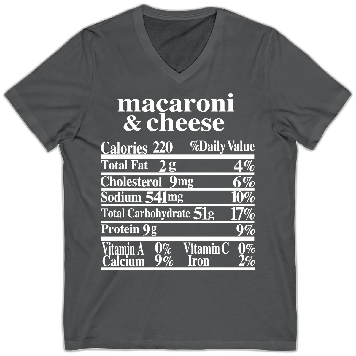 Macaroni And Cheese Nutrition Label V-Neck in Asphalt