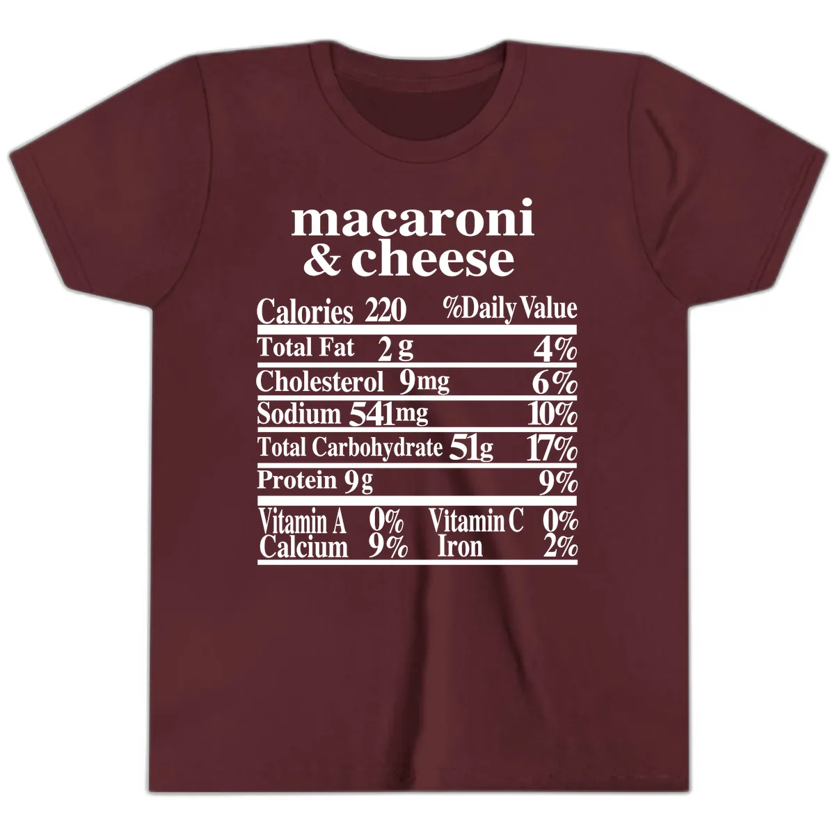 Macaroni And Cheese Nutrition Label Youth T-Shirt in Maroon